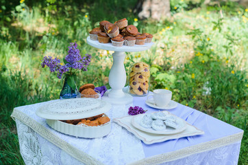 the tables with the desserts . decorated plates of cookies , biscuits. A wedding Banquet . Extra pounds and calories . Sweets of various kinds
