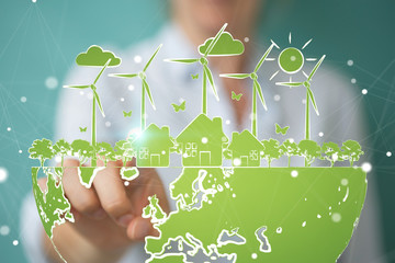 Businesswoman touching and holding renewable energy sketch