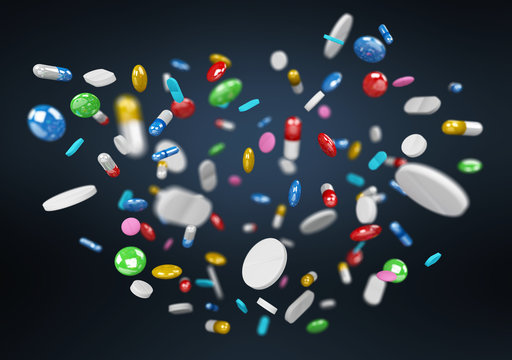 Floating medicine pills and drugs 3D rendering