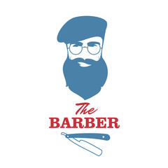 The Barber. Handsome man with beard, beret and mustache. Barber shop symbol.