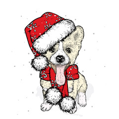 Cute puppy in a New Year hat and scarf. Vector illustration. Pedigree dog. Santa Claus. New Year's and Christmas.
