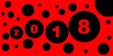 New year 2018. Red background and letters, black spots.