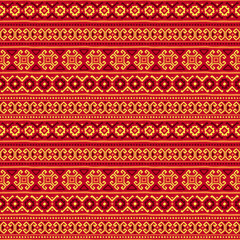 Seamless ethnic pattern drawn by hand. Multicolored geometric elements. Print for textiles with horizontal stripes. Vector illustration.