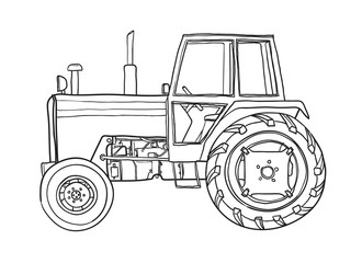Orange Tractors Antique  Vintage  hand drawn vector line art illustration