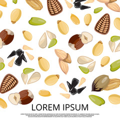 Falling nuts and seeds on white background design