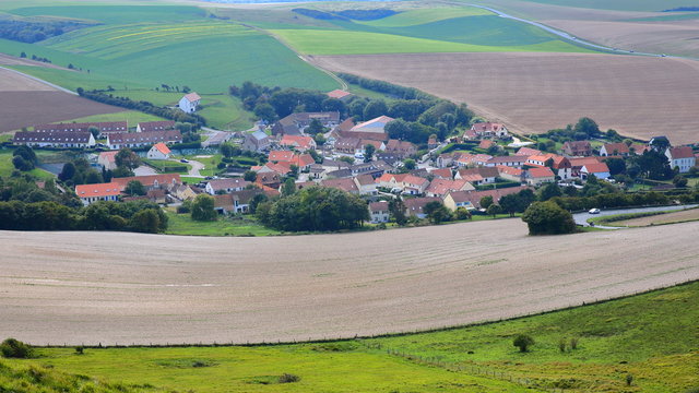 Escalles village with colorful surrounding fields, Cap Blanc Nez, Cote d'Opale, Pas de Calais, Hauts de France, France