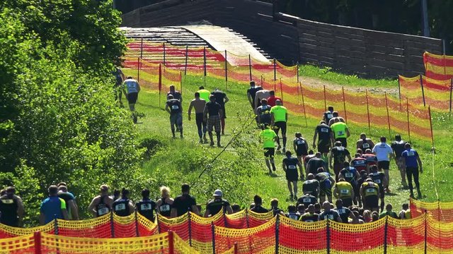 Runners walks and runs in row to the hill in race - sunny summer day