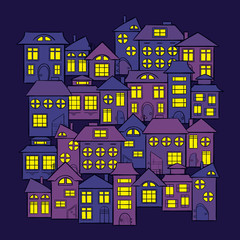 Night city houses - vector print illustration