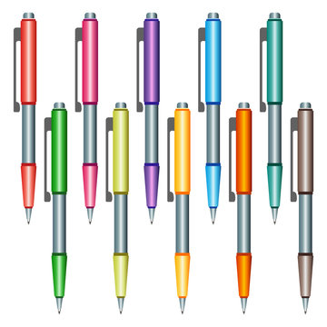 Set of multi-colored pens on a white background. Vector illustration.
