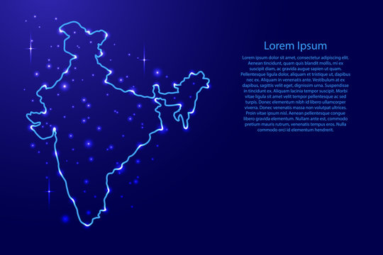 Map India from the contours network blue, luminous space stars of vector illustration