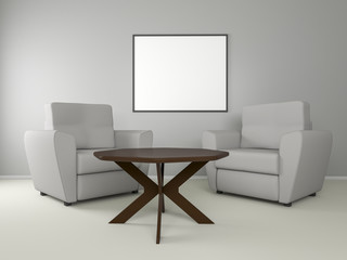 two easy chairs near the coffee table in grey room