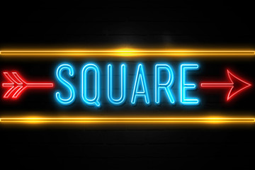 Square  - fluorescent Neon Sign on brickwall Front view