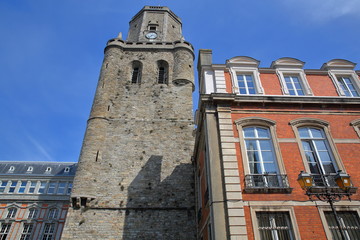 Colorful facades and the Belfry in Boulogne sur Mer, Cote d'Opale, Pas de Calais, Hauts de France 