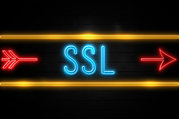 Ssl  - fluorescent Neon Sign on brickwall Front view