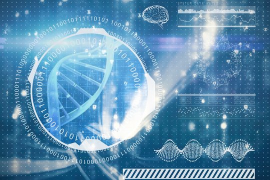 Composite image of digital image of dna helix with numbers