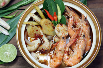Tom Yum Kung Shrimp clear soup, hot and sour Thai soup, food, cuisine.