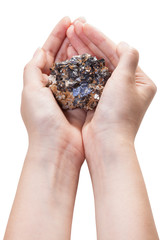 above view of zinc and lead mineral ore in handful
