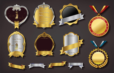 Set of Vector Golden Badge with ribbon on Black background, Retro Labels and Ribbons color design,  Vintage logo website and mobile website badges, ads, print material, label frame design 