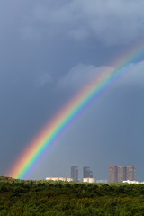 rainbow in rain over city and green trees