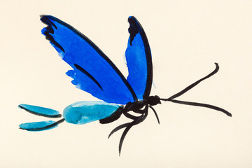flying butterfly with blue wings on colored pape