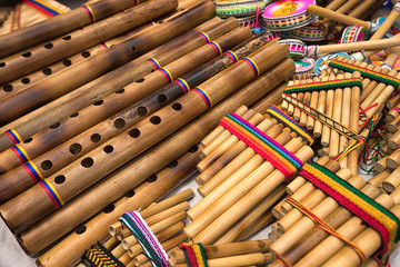  panflute closeup in the indigenous artisan market in Otavalo Ecuador