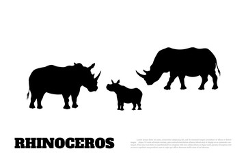Naklejka na ściany i meble Black silhouette of a rhino family on a white background. Big rhinoceros. African animals
