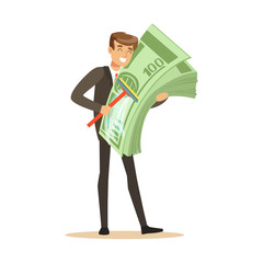 Man in a business suit washing money sing mop, illegal money laundering vector Illustration