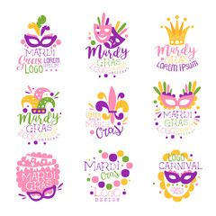 Mardi Gras carnival logo original design set, hand drawn colorful vector Illustrations