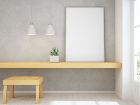 White empty frame mock up on yellow wooden table with concrete wall background, Chair and desk near door in bright room of modern scandinavian house - Home office 3d rendering