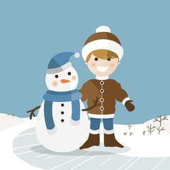 Happy boy with his snowman on a sunny winter day