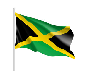 Waving flag of Jamaica. Illustration of North America country flag on flagpole. 3d vector icon isolated on white background