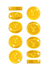 Gold Chinese yuan or Japanese yen views cartoon style isolated. The gold yuan or yen is at different angles around its axis for designers and illustrators. Rotation of a gold coin vector illustration