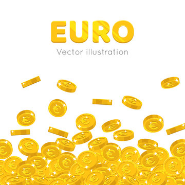 Raingold euro cartoon frame. A rain of the flying gold of euro in the form of a frame in a cartoon style. Falling gold pieces in the form of vector illustrations