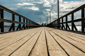 Wooden boardwalk in Rattvik, Sweden, low angle, diminishing perspective