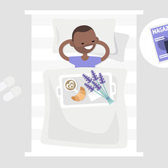 Breakfast in bed. Top view. Coffee, croissant and a bouquet of lavender flowers on a tray. Romantic relationships concept. Young character lying in bed. Flat 2.0 editable vector illustration, clip art