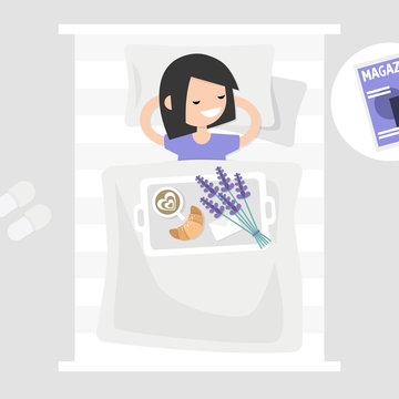 Breakfast in bed. Top view. Coffee, croissant and a bouquet of lavender flowers on a tray. Romantic relationships concept. Young character lying in bed. Flat 2.0 editable vector illustration, clip art