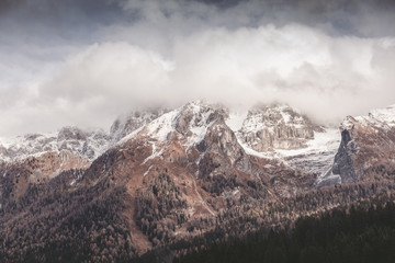 Beautiful mountain landscape with cloudy sky, retro toning