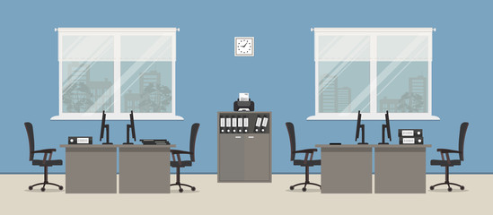 Office room in a blue color. There are gray tables, black chairs, cabinet for documents, a printer and other objects in the picture. Vector flat illustration.