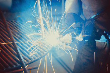 Welding Work. Erecting Technical Steel Industrial Steel Welder In Factory. Craftsman.