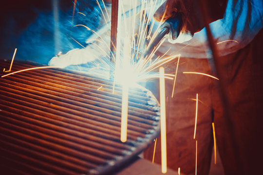Welding Work. Erecting Technical Steel Industrial Steel Welder In Factory. Craftsman.