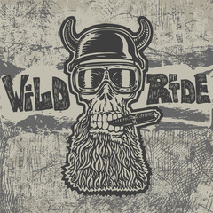 background with crazy skull motorcycle glasses, helmet with horns and grunge textures. biker symbol