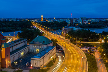 Night view from old town of the route W-Z, Warsaw, Poland