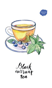 Watercolor glass cup of black currant tea
