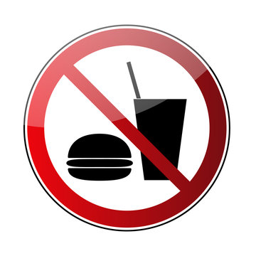 No drink no food sign. Prohibited sign beverage and meal, isolated on white background. Black silhouette hamburger, glass in red circle pictogram. Forbidden warning fastfood Vector illustration