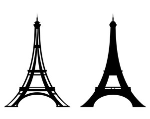 eiffel tower stylized outline and silhouette - Paris and France black vector design set