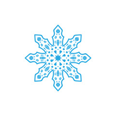 Snowflake icon. Blue silhouette snow flake sign, isolated on white background. Flat design. Symbol of winter, frozen, Christmas, New Year holiday. Graphic element decoration. Vector illustration