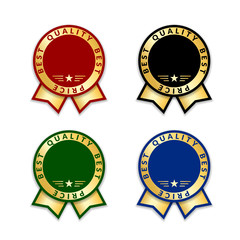Ribbon award best price labels set. Gold ribbon award icons isolated white background. Best quality golden label for medal, best choice, price, certificate guarantee product Vector illustration