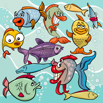 funny fish cartoon characters group