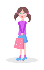 Cute Girl with Sopping Bag Flat Vector Icon