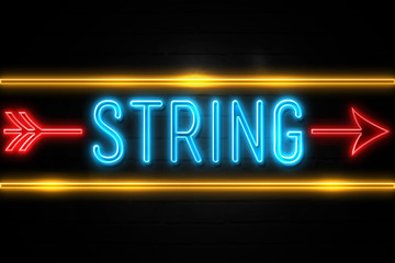 String  - fluorescent Neon Sign on brickwall Front view